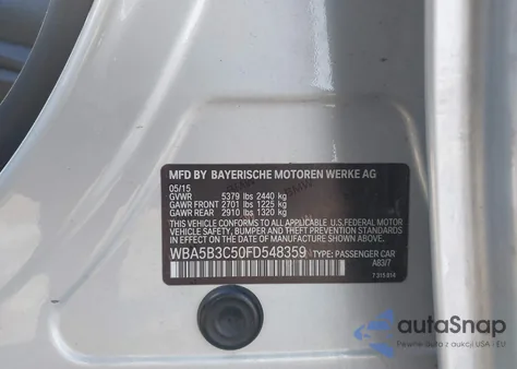 2015 BMW 535I xDrive from USA, damaged, VIN WBA5B3C50FD548359